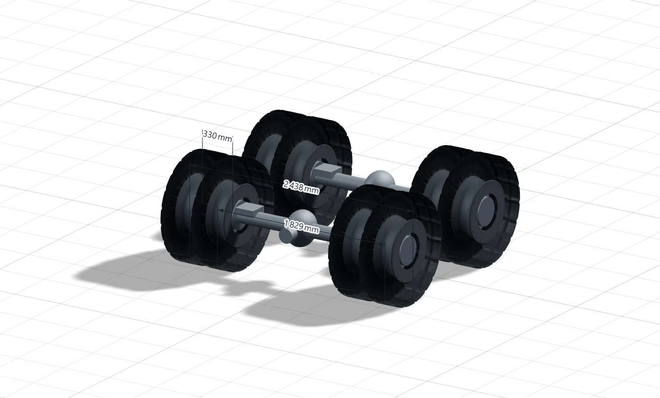 A dual-tandem axle rendered in 3-D on a measurement grid, with the dual spacing, track width and axle spacing called out as dimension lines in millimetres.